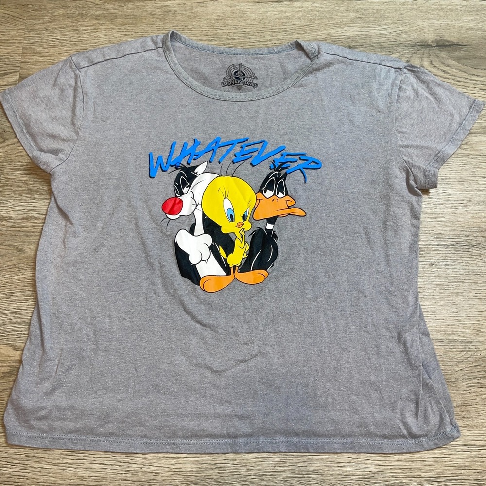 Looney Tunes Womens XXL Graphic T-Shirt Whatever Tweety Sylvester Daffy Grey